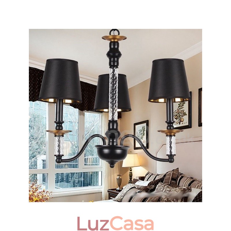 Lustre estilo vela retrô preto de 3 luzes