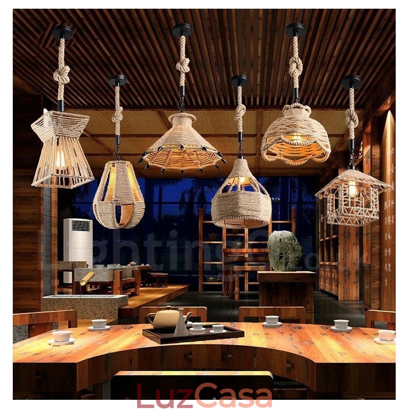 1 luz rústica lodge pingente luz café corda de cânhamo lâmpada pendente
