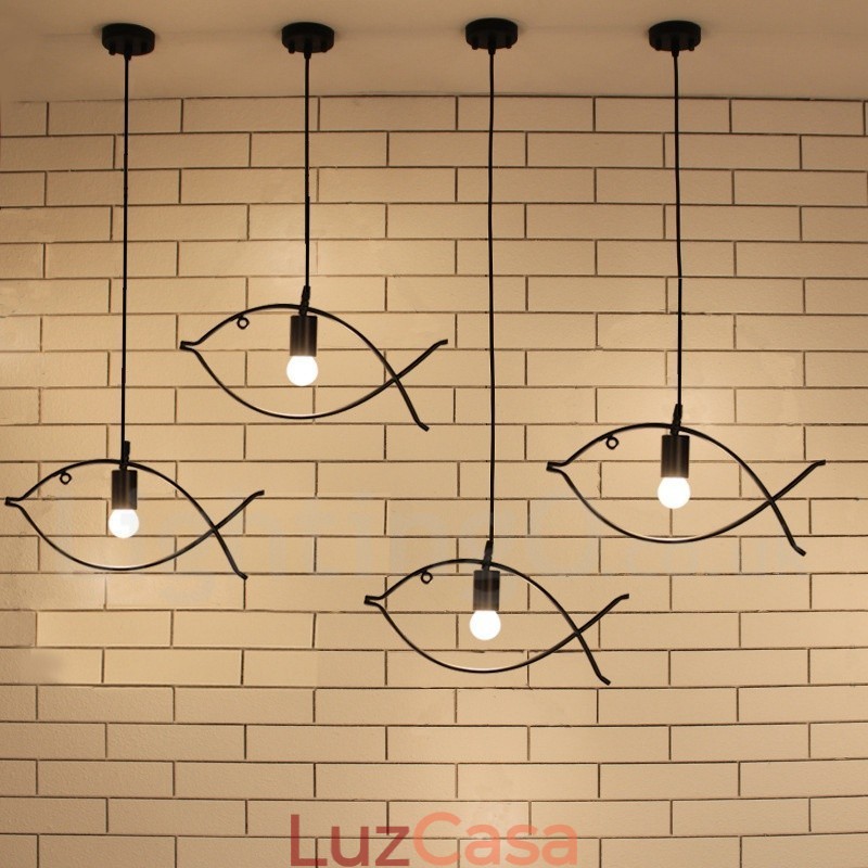 1 luz rústica lodge retro peixe pingente luz com sombra de aço