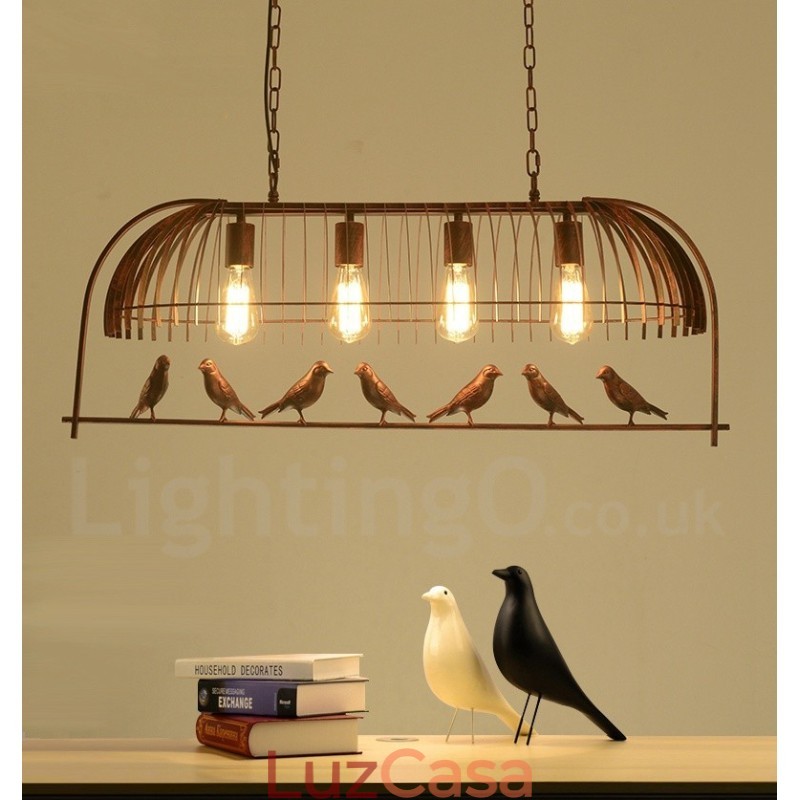 4 Luzes Rústicas Lodge Retro Birdcage Pendente Luz com Sombra de Aço