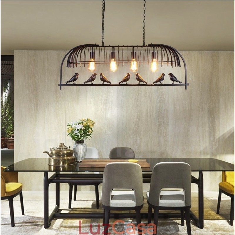 4 Luzes Rústicas Lodge Retro Birdcage Pendente Luz com Sombra de Aço