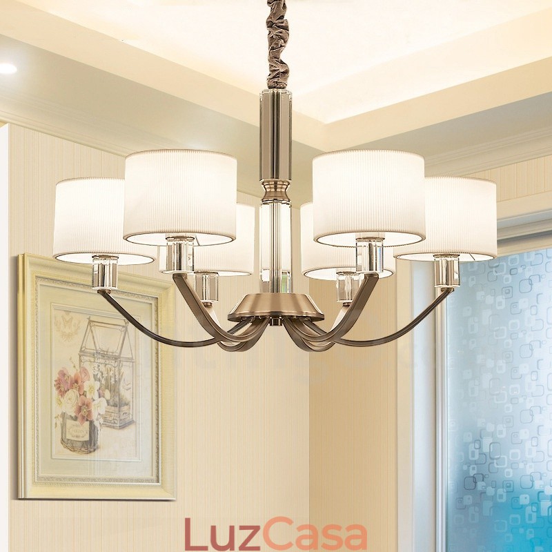 Lustre de cristal moderno contemporâneo de 6 luzes com cúpula de tecido