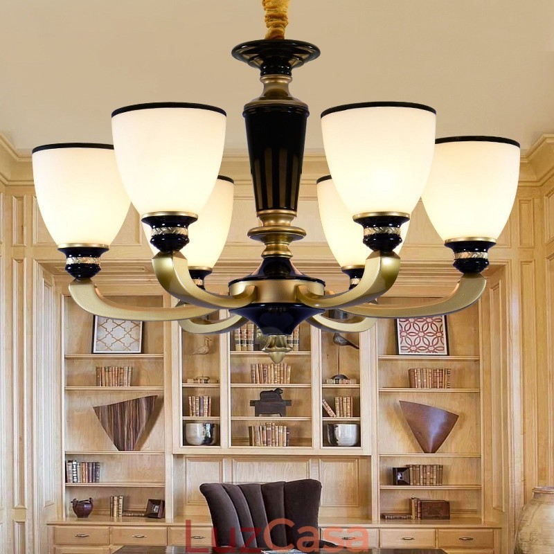 Lustre retrô tradicional de liga de zinco com 6 luzes e cúpula de vidro