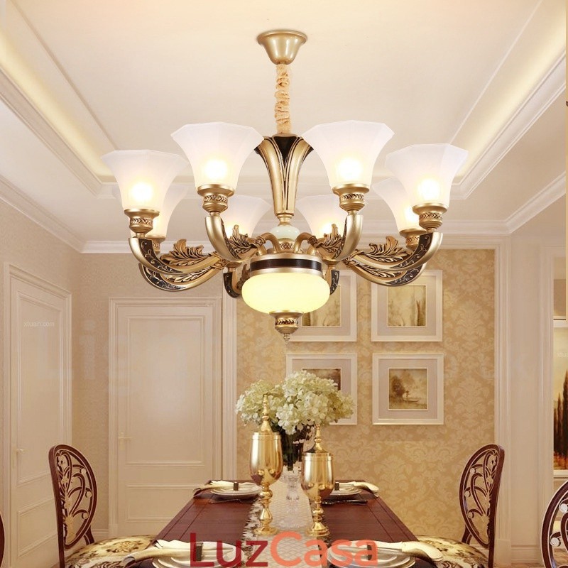 Lustre de lobby de luxo tradicional retrô de 8 luzes com cúpula de vidro