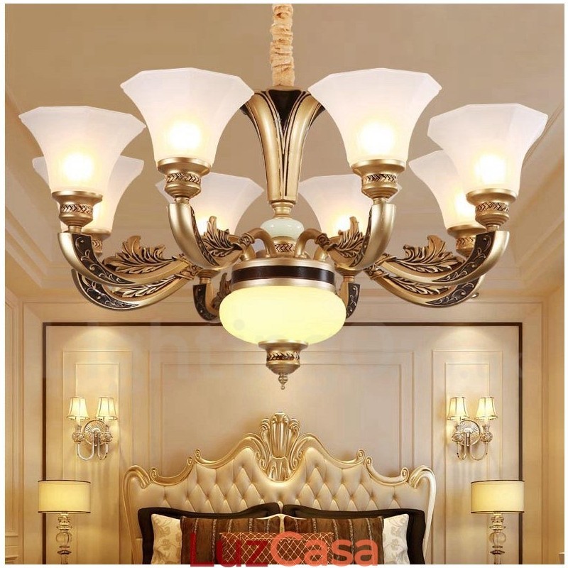 Lustre de lobby de luxo tradicional retrô de 8 luzes com cúpula de vidro