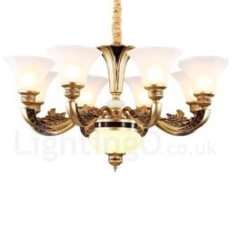 Lustre de lobby de luxo tradicional retrô de 8 luzes com cúpula de vidro