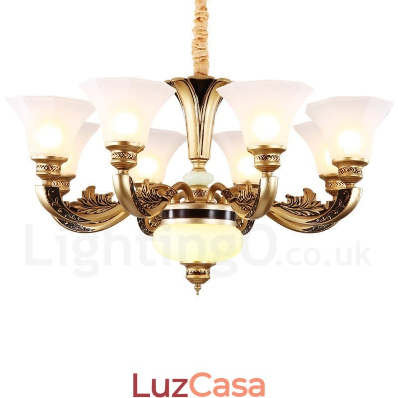 Lustre de lobby de luxo tradicional retrô de 8 luzes com cúpula de vidro