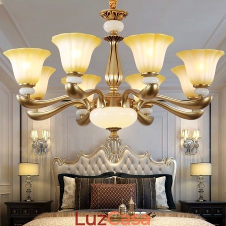 Lustre de liga de zinco de luxo tradicional retrô de 8 luzes com cúpula de vidro Lustre de liga de zinco de luxo tradicional retrô de 8 luzes com cúpula de vidro