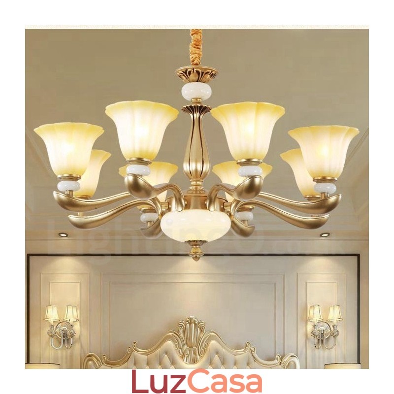 Lustre de liga de zinco de luxo tradicional retrô de 8 luzes com cúpula de vidro