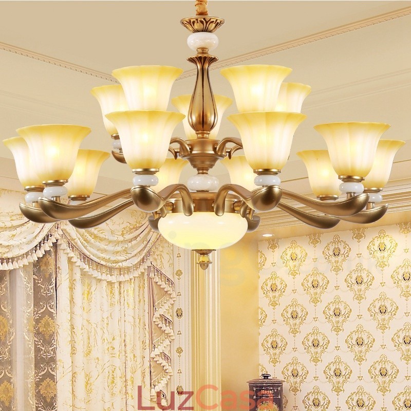 Lustre de liga de zinco de luxo tradicional retrô de 15 luzes com cúpula de vidro