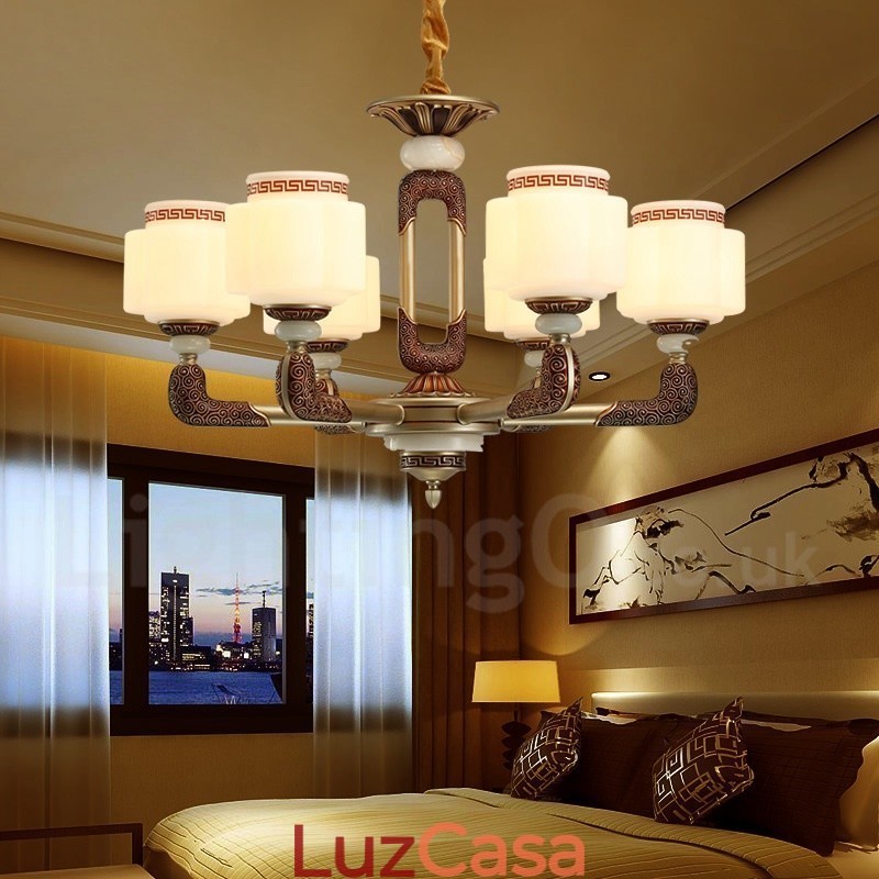 Lustre de luxo retrô tradicional de liga de zinco com 6 luzes e cúpula de vidro