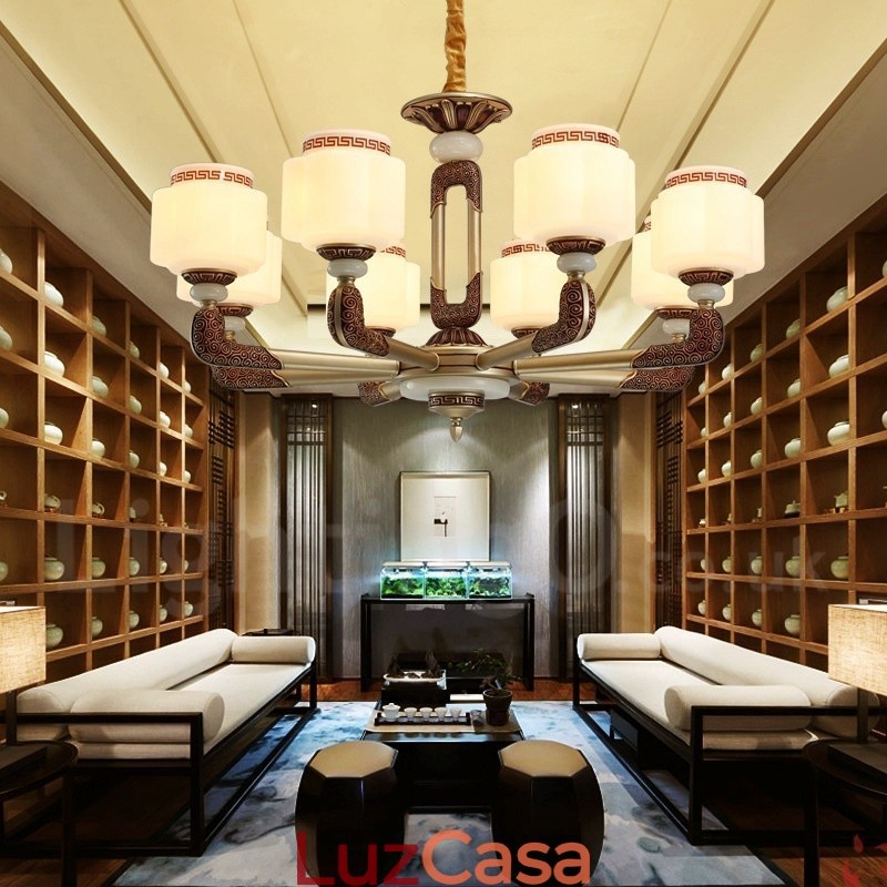 Lustre de luxo retrô tradicional de liga de zinco com 8 luzes e cúpula de vidro