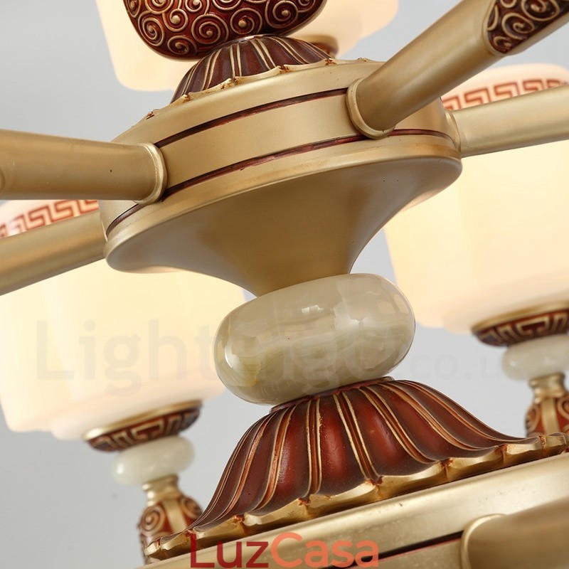 Lustre de luxo retrô tradicional de liga de zinco com 8 luzes e cúpula de vidro