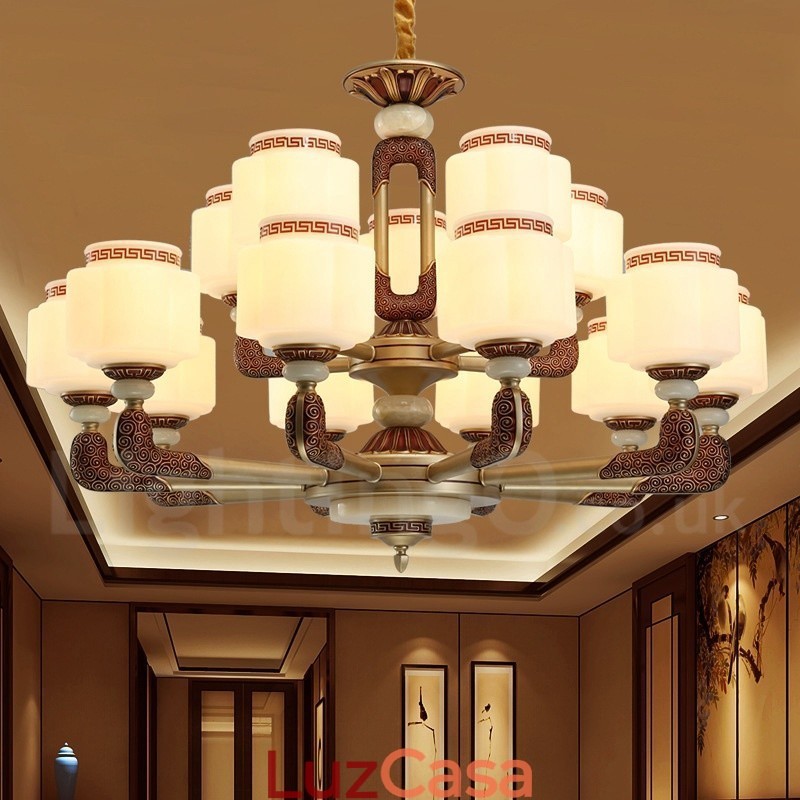 Lustre de luxo retrô tradicional de liga de zinco com 15 luzes e cúpula de vidro