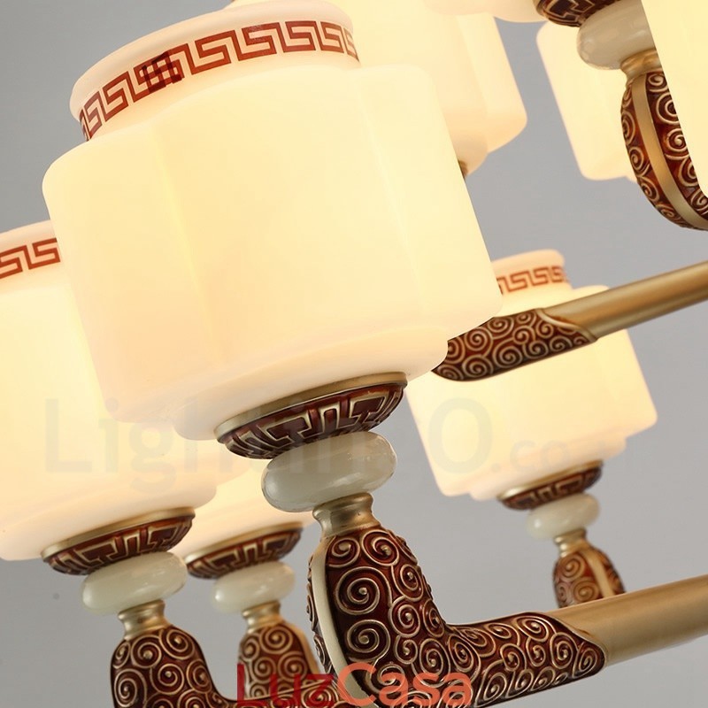 Lustre de luxo retrô tradicional de liga de zinco com 15 luzes e cúpula de vidro