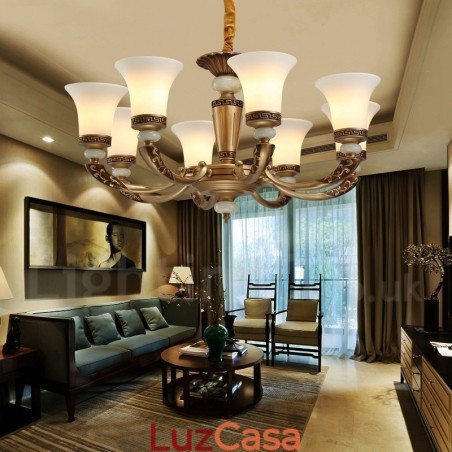 Lustre de luxo retrô tradicional de liga de zinco com 8 luzes e cúpula de vidro Lustre de luxo retrô tradicional de liga de zinco com 8 luzes e cúpula de vidro