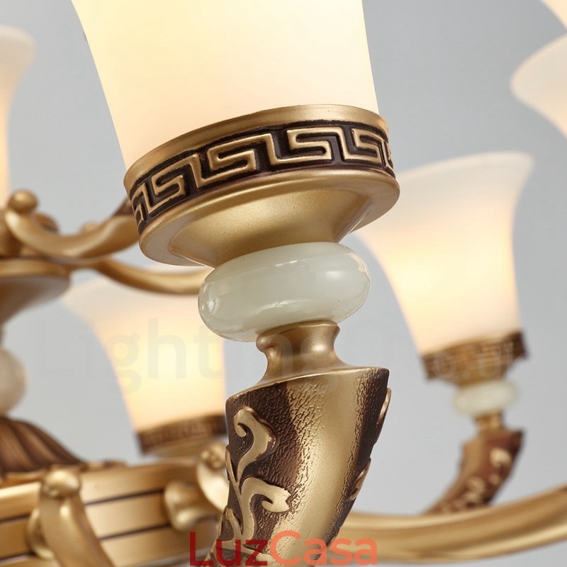 Lustre de luxo retrô tradicional de liga de zinco com 8 luzes e cúpula de vidro