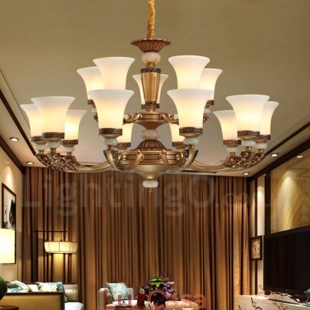Lustre de luxo retrô tradicional de liga de zinco com 15 luzes e cúpula de vidro Lustre de luxo retrô tradicional de liga de zinco com 15 luzes e cúpula de vidro