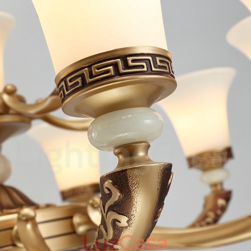 Lustre de luxo retrô tradicional de liga de zinco com 15 luzes e cúpula de vidro