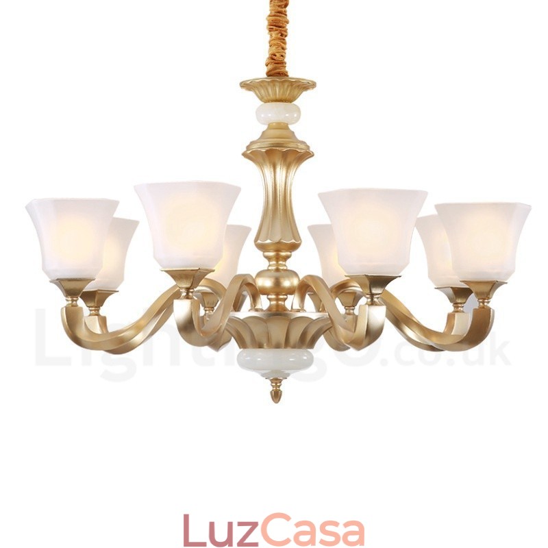 Lustre rústico tradicional retrô de 8 luzes com cúpula de vidro