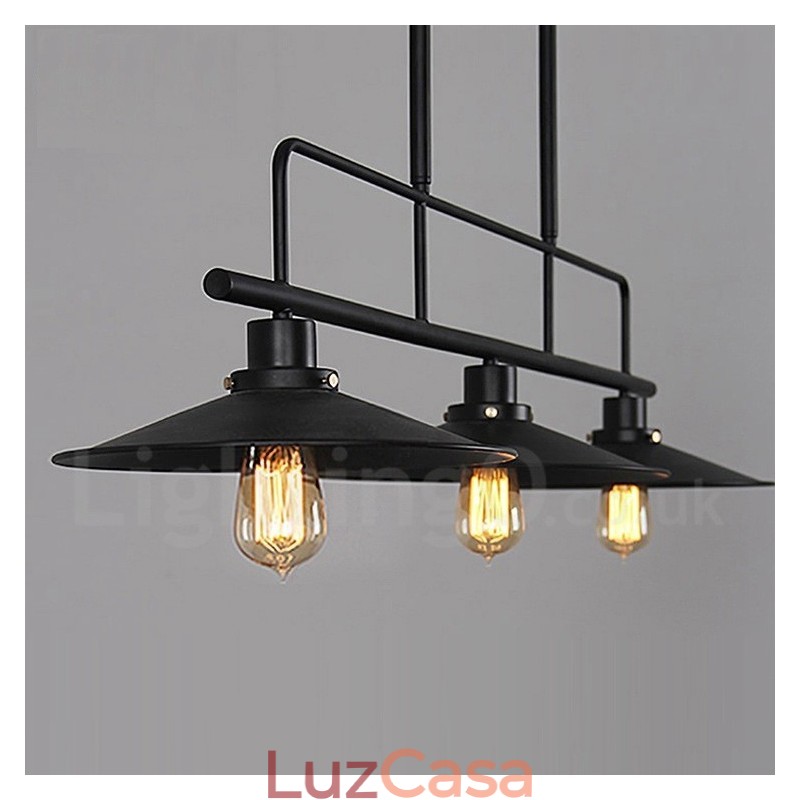 Luminária pendente retrô rústica de aço com 3 luzes e cúpula de aço