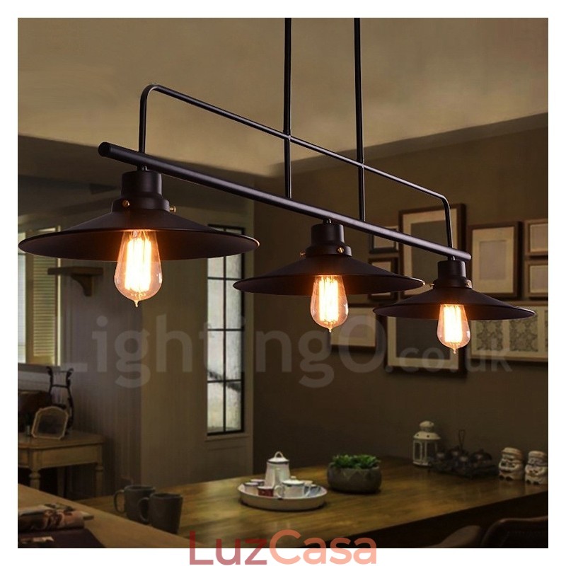 Luminária pendente retrô rústica de aço com 3 luzes e cúpula de aço