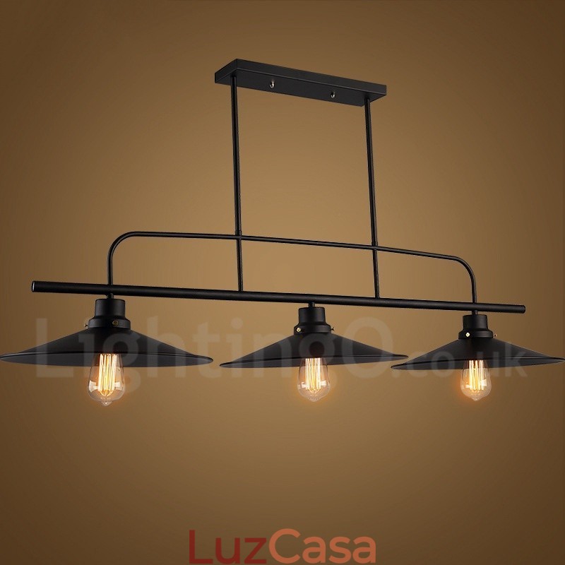 Luminária pendente retrô rústica de aço com 3 luzes e cúpula de aço