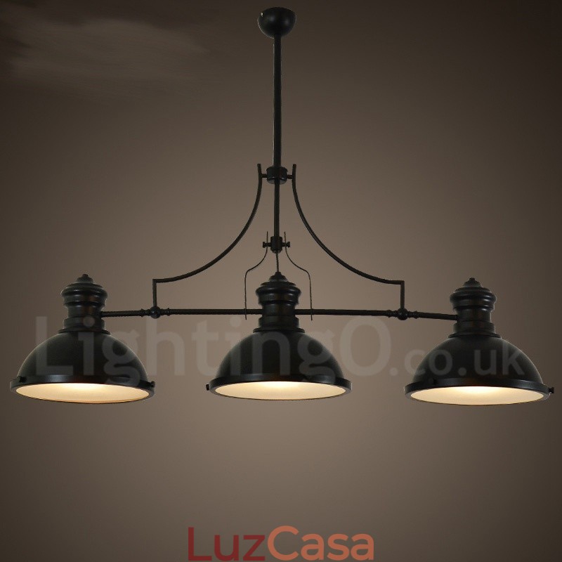 Luminária pendente retrô rústica de aço com 3 luzes e cúpula de aço