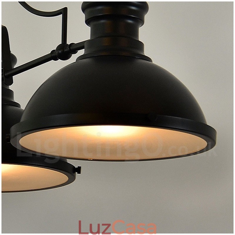 Luminária pendente retrô rústica de aço com 3 luzes e cúpula de aço