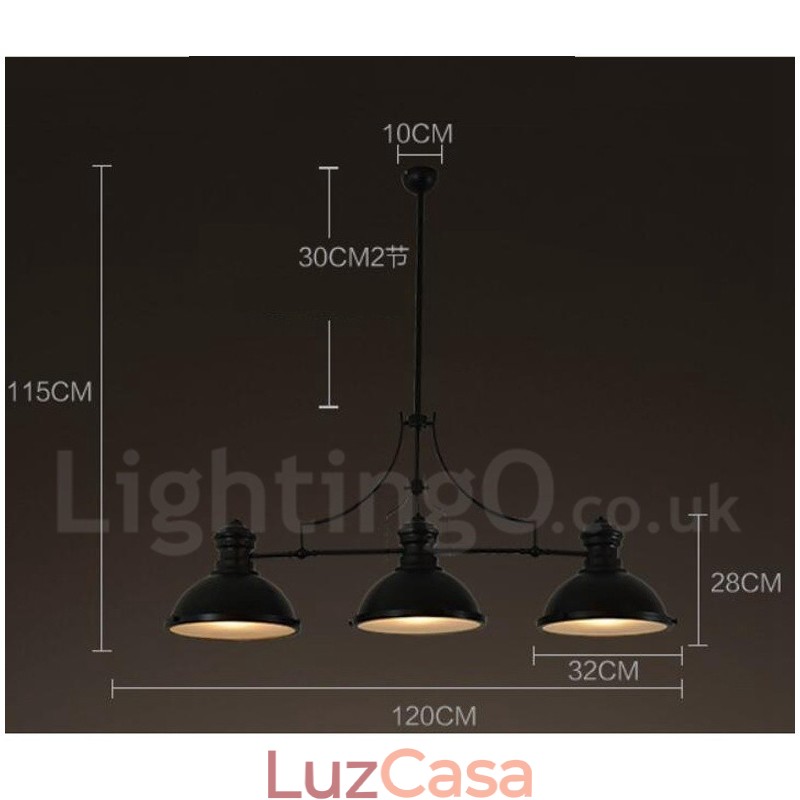Luminária pendente retrô rústica de aço com 3 luzes e cúpula de aço