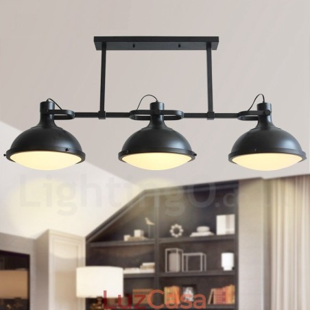 Luminária pendente retrô rústica de aço com 3 luzes e cúpula de vidro