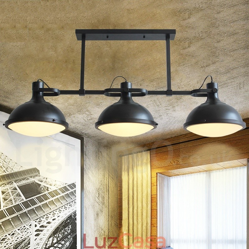 Luminária pendente retrô rústica de aço com 3 luzes e cúpula de vidro