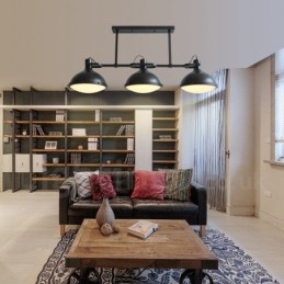 Luminária pendente retrô rústica de aço com 3 luzes e cúpula de vidro