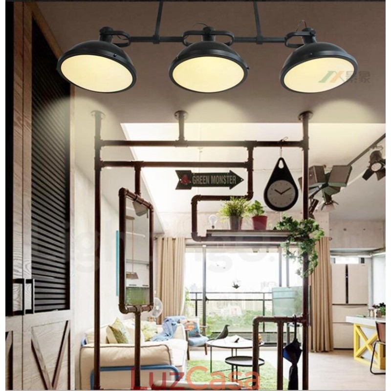 Luminária pendente retrô rústica de aço com 3 luzes e cúpula de vidro