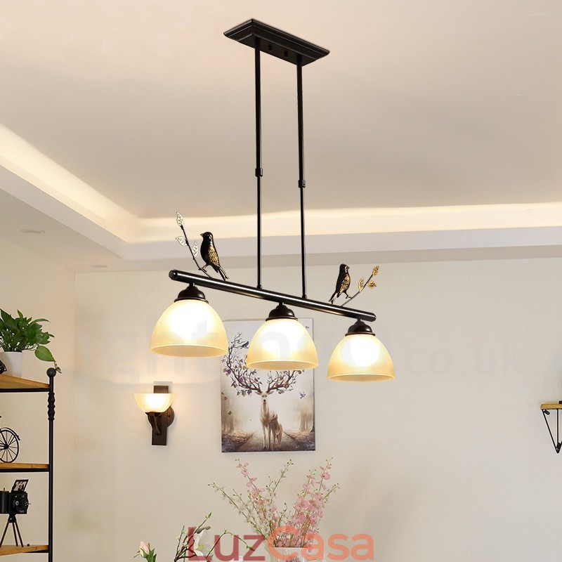 Luminária pendente retrô rústica de aço com 3 luzes e cúpula de vidro