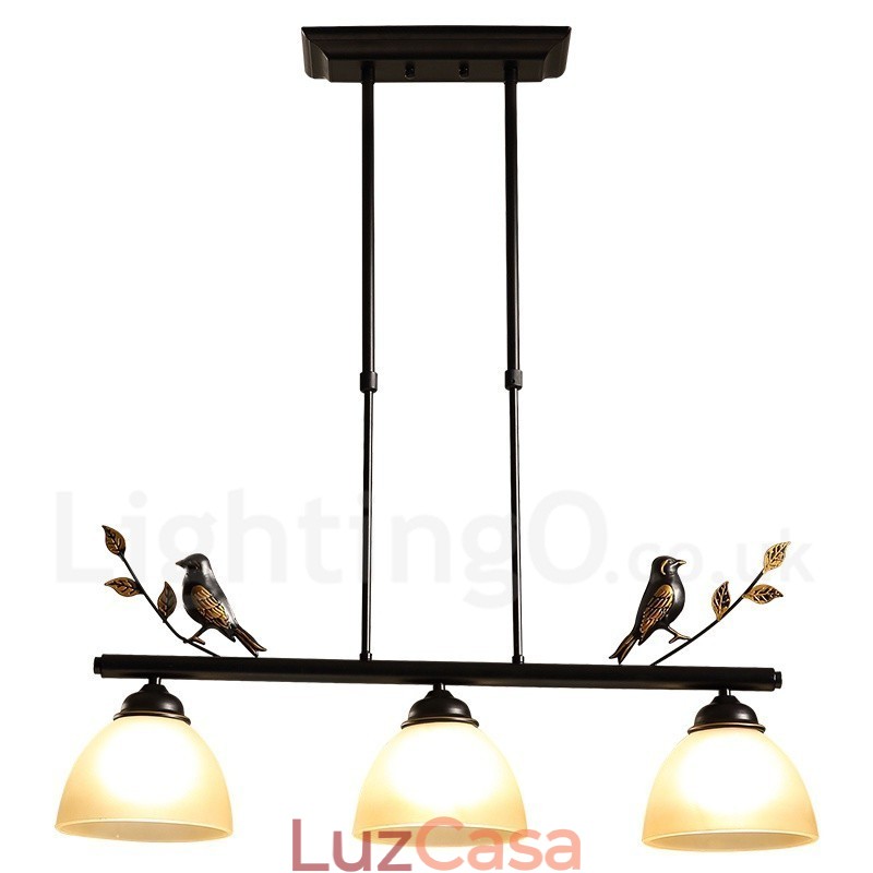 Luminária pendente retrô rústica de aço com 3 luzes e cúpula de vidro