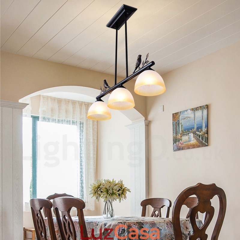 Luminária pendente retrô rústica de aço com 3 luzes e cúpula de vidro