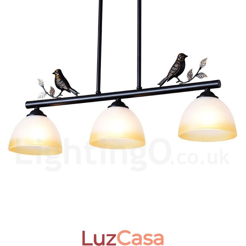 Luminária pendente retrô rústica de aço com 3 luzes e cúpula de vidro