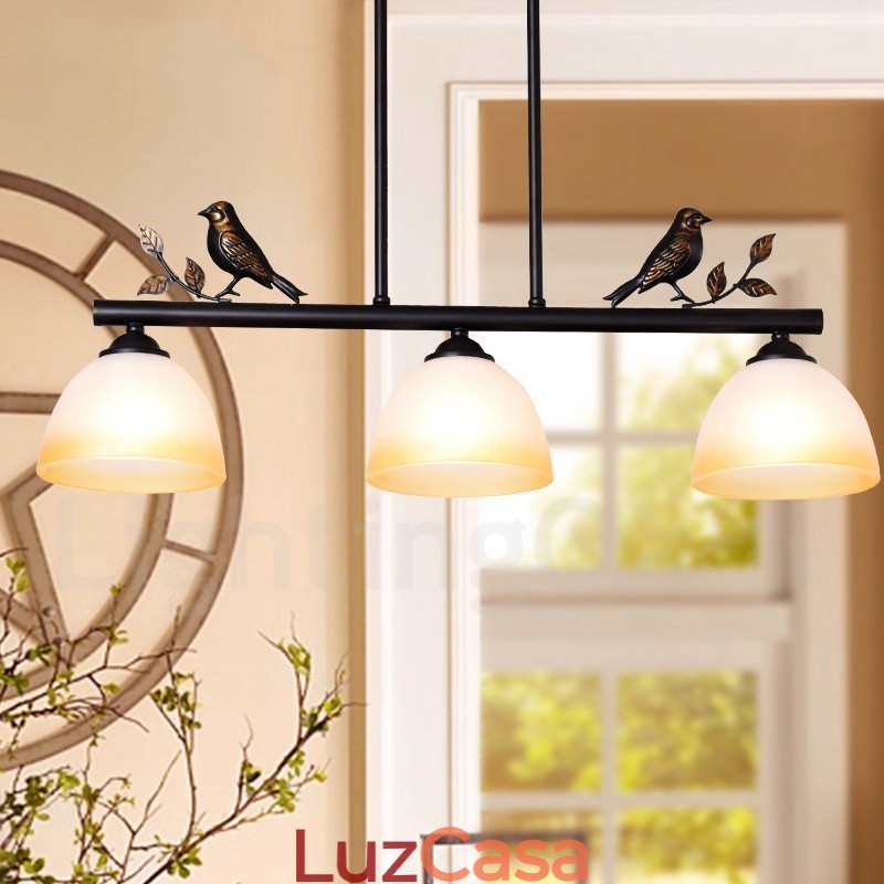 Luminária pendente retrô rústica de aço com 3 luzes e cúpula de vidro