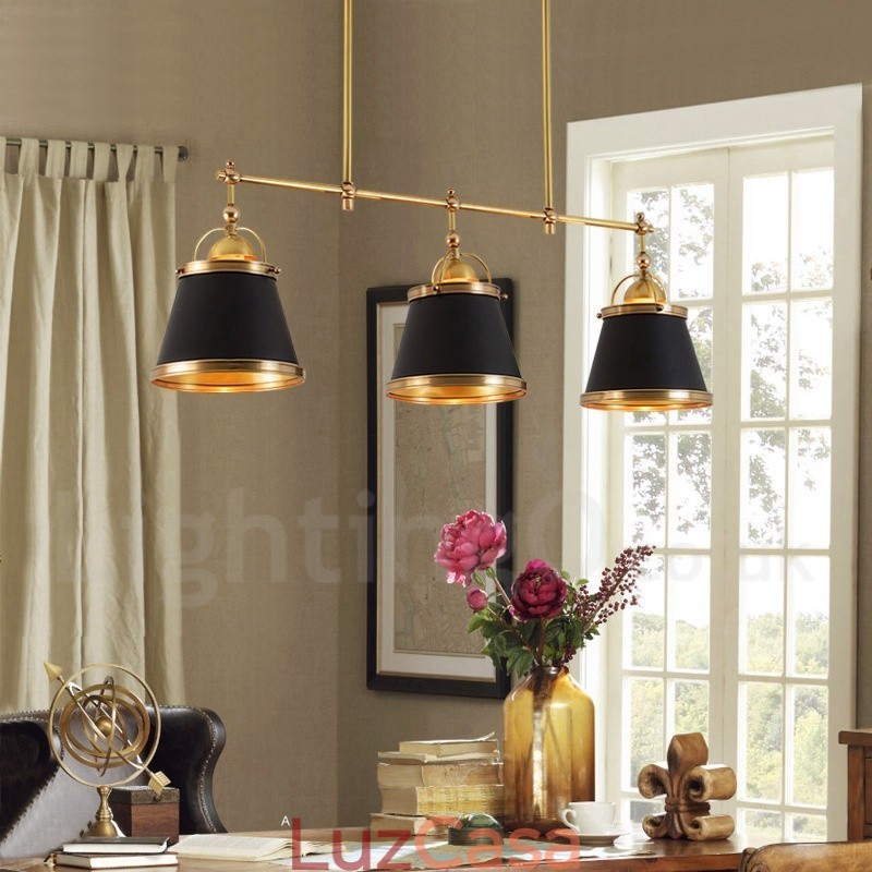 3 Luzes Retro Rústicas Luxo Latão Pendente Luz com Sombra de Latão