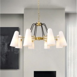 Lustre de pingente de latão luxuoso retrô rústico de 8 luzes com cúpula de vidro
