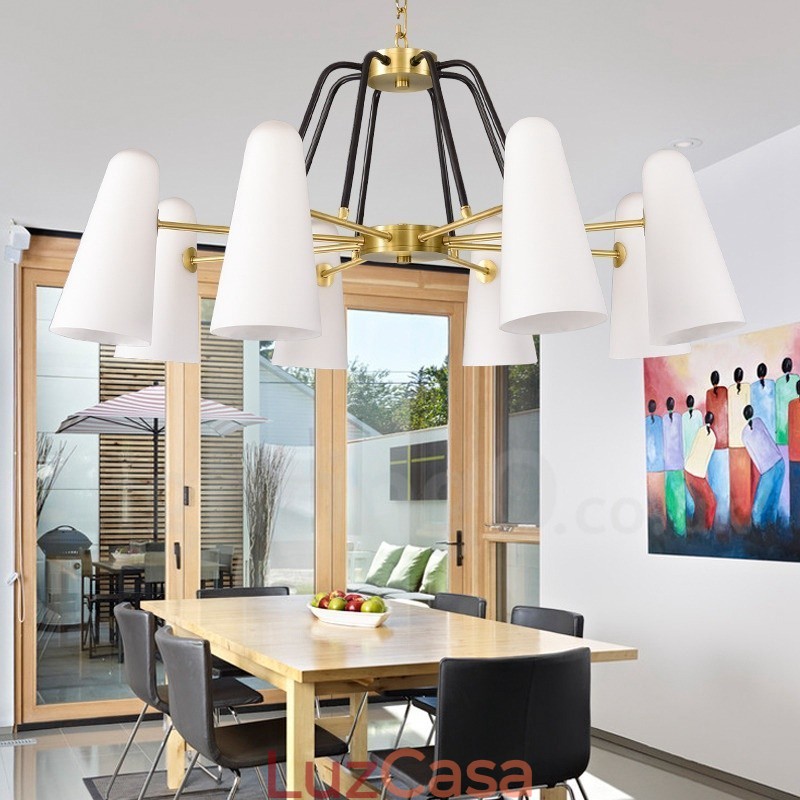 Lustre de pingente de latão luxuoso retrô rústico de 8 luzes com cúpula de vidro