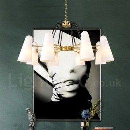 Lustre de pingente de latão luxuoso retrô rústico de 8 luzes com cúpula de vidro