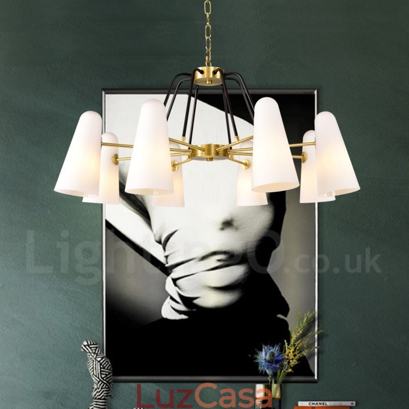 Lustre de pingente de latão luxuoso retrô rústico de 8 luzes com cúpula de vidro