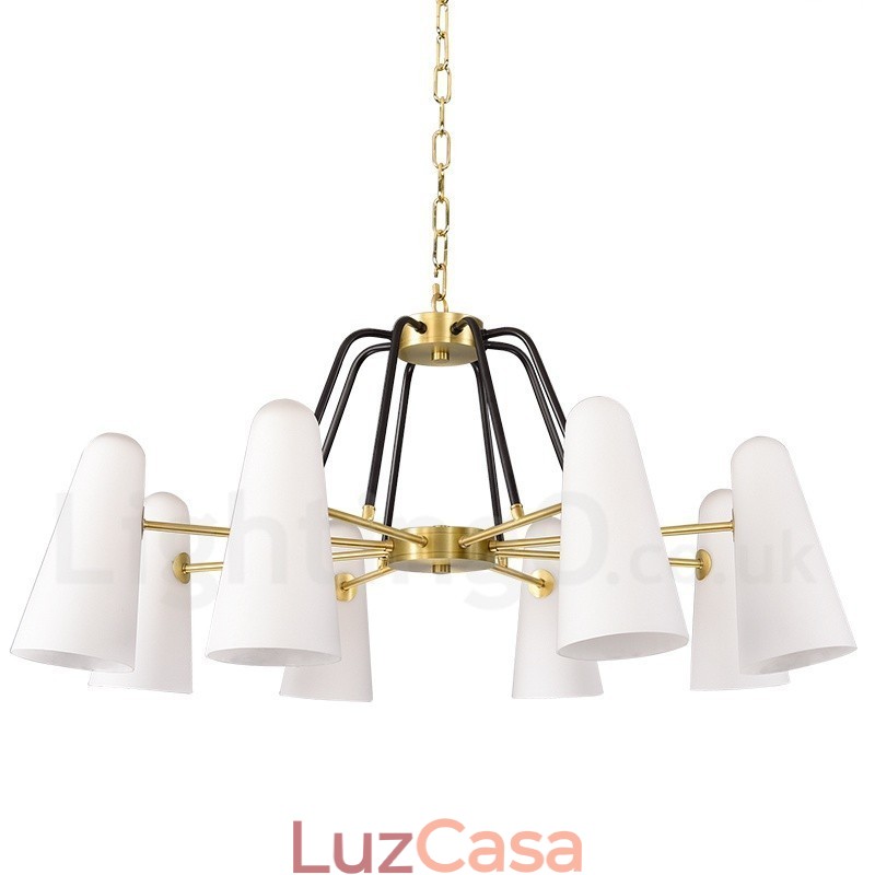 Lustre de pingente de latão luxuoso retrô rústico de 8 luzes com cúpula de vidro