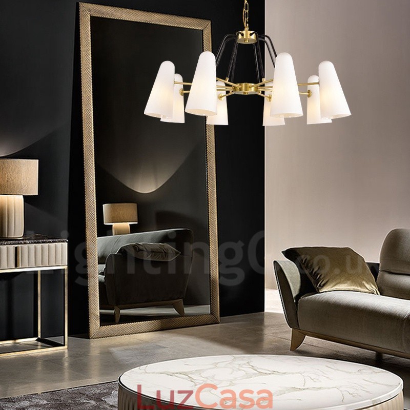 Lustre de pingente de latão luxuoso retrô rústico de 8 luzes com cúpula de vidro