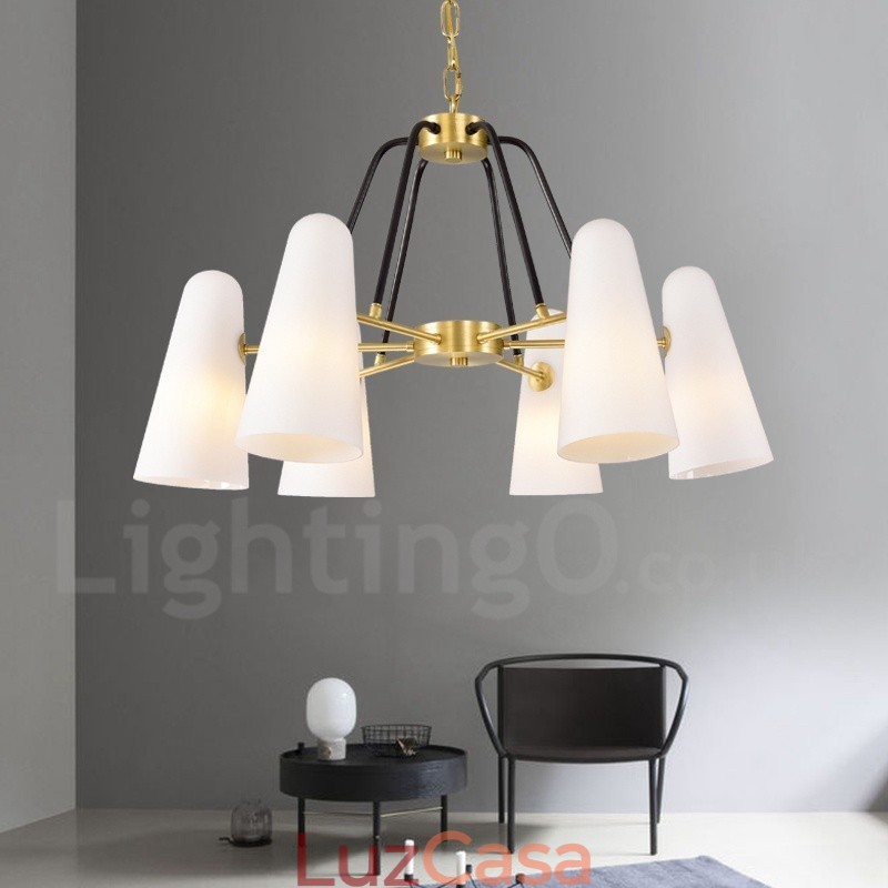 6 Luz Retro Rústico Luxo Latão Pendente Lâmpada Lustre com Sombra de Vidro