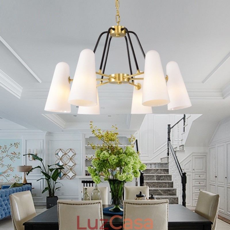 6 Luz Retro Rústico Luxo Latão Pendente Lâmpada Lustre com Sombra de Vidro