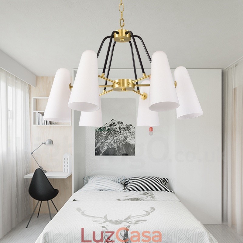 6 Luz Retro Rústico Luxo Latão Pendente Lâmpada Lustre com Sombra de Vidro