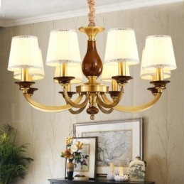 Lustre de pingente de latão luxuoso retrô rústico de 8 luzes com cúpula de vidro